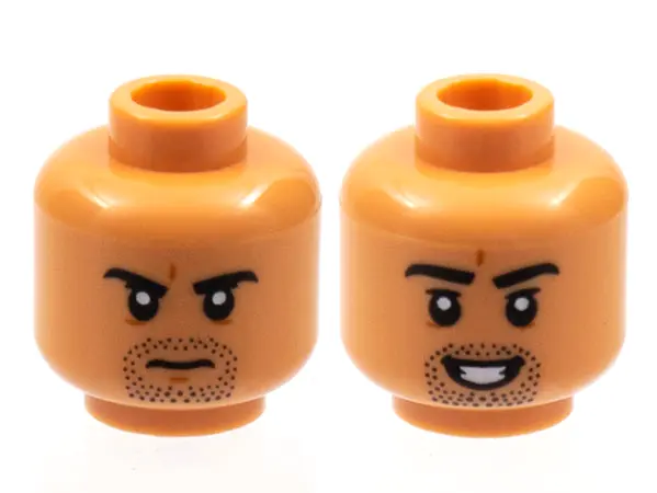 Nougat Minifigure, Head Dual Sided, Black Eyebrows and Goatee Stubble, Frown / Open Smile with Teeth
