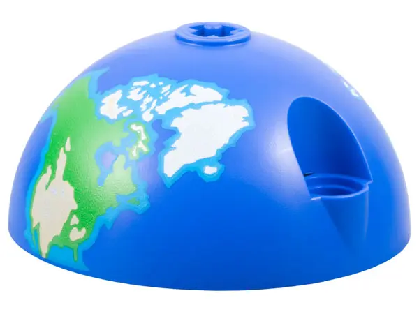 Blue Cylinder Hemisphere 5 x 5, Axle Hole in Center and 2 Pin Holes with Earth / Globe North Pattern