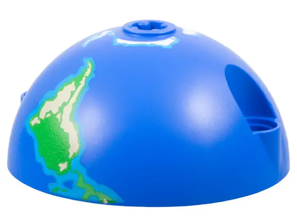 Blue Cylinder Hemisphere 5 x 5, Axle Hole in Center and 2 Pin Holes with Earth / Globe South Pattern