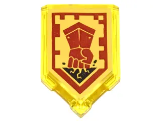 Trans-Yellow Tile, Modified 2 x 3 Pentagonal with Nexo Power Shield Pattern - Fist Smash