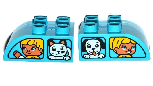 Medium Azure Duplo, Brick 2 x 3 Slope Curved with Vehicle Windows with Boy and Cat / Girl and Dog Pa
