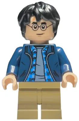 Harry Potter - Dark Blue Open Jacket over Plaid Shirt with Collar and Sand Blue Shirt, Dark Tan Medi