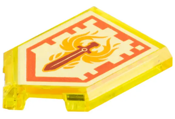 Trans-Yellow Tile, Modified 2 x 3 Pentagonal with Nexo Power Shield Pattern - Phoenix Blaze