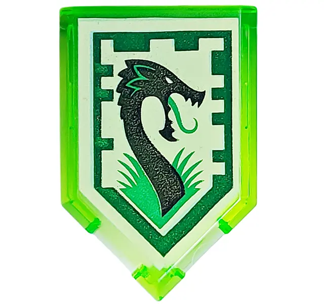 Trans-Bright Green Tile, Modified 2 x 3 Pentagonal with Nexo Power Shield Pattern - Jungle Dragon