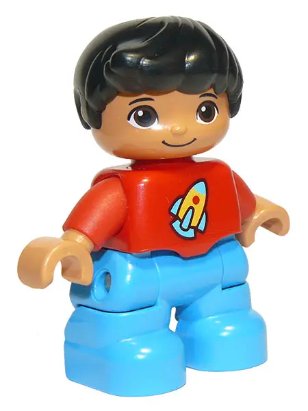 Duplo Figure Lego Ville, Child Boy, Dark Azure Legs, Red Top with Space Rocket Ship, Black Hair (613