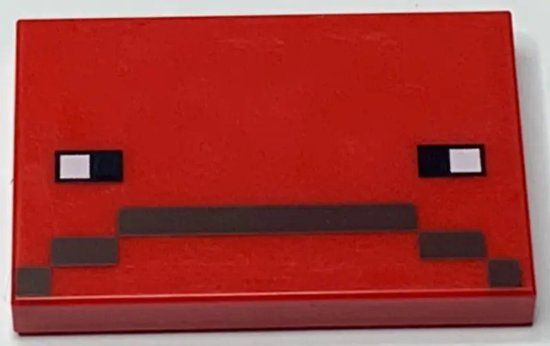 Red Tile 2 x 3 with Pixelated Black and White Eyes and Dark Brown Frown Pattern (Minecraft Strider F
