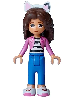 Gabby - Dark Pink Jacket over Black and White Striped Shirt, Blue Trousers, Dark Brown Hair with Int