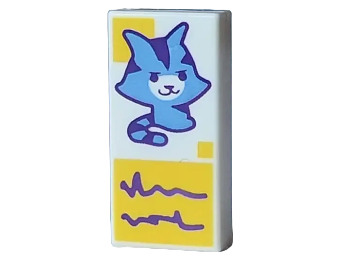 White Tile 1 x 2 with Medium Blue Cat, Yellow Squares and Dark Purple Scribbles in Rectangle Pattern