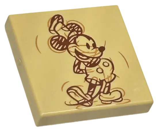 Tan Tile 2 x 2 with Reddish Brown and Medium Nougat Mickey Mouse Sketch Drawing Pattern