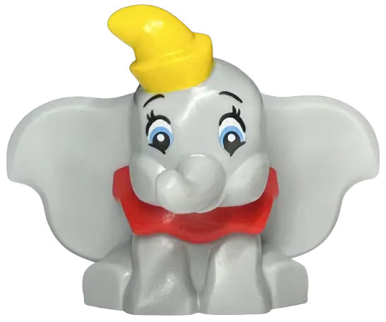 Light Bluish Gray Elephant, Big Ears, Sitting with Molded Red Collar and Bottom Tube and Printed Yel