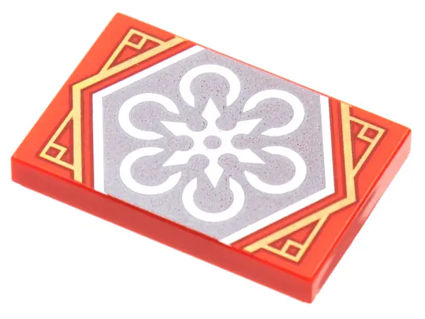 Red Tile 2 x 3 with White 6-Pointed Shuriken Throwing Star on Silver Background with Gold Trim Patte