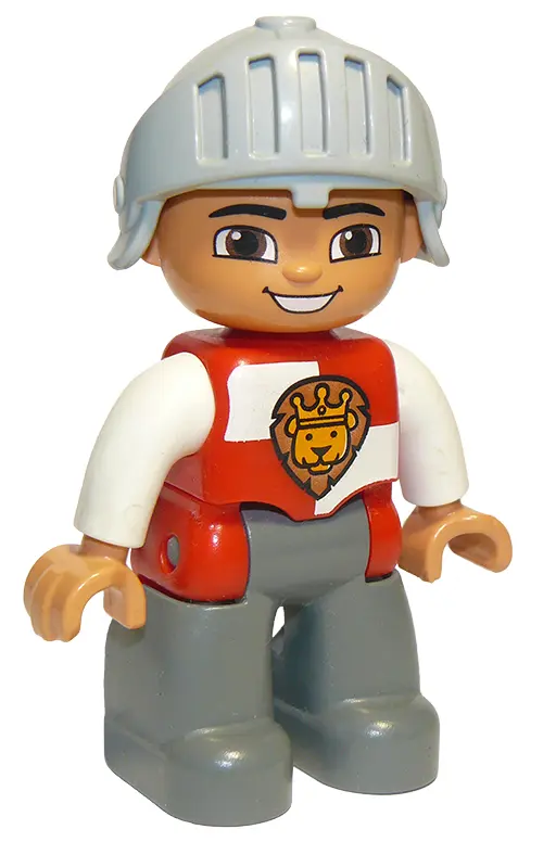Duplo Figure Lego Ville, Male Castle, Dark Bluish Gray Legs, Red and White Chest with Lion on Shield