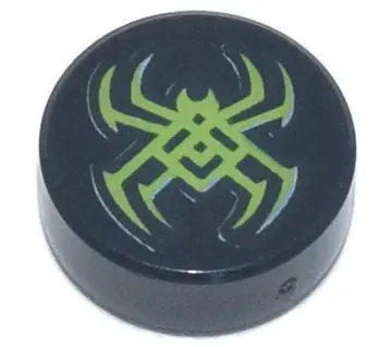 Black Tile, Round 1 x 1 with Lime Spider Pattern