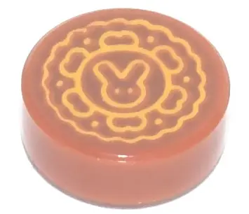 Dark Orange Tile, Round 1 x 1 with Moon Cake with Bright Light Orange Bunny on Reddish Brown Backgro