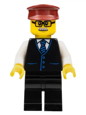 Train Driver - Male, Black Vest with Blue Striped Tie, Black Legs, Dark Red Hat, Glasses and Moustac