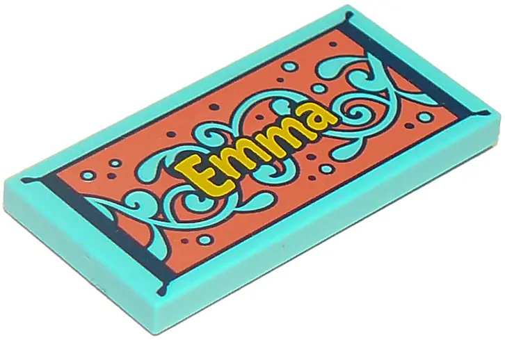 Medium Azure Tile 2 x 4 with 'Emma' and Medium Azure and Coral Beach Towel Pattern