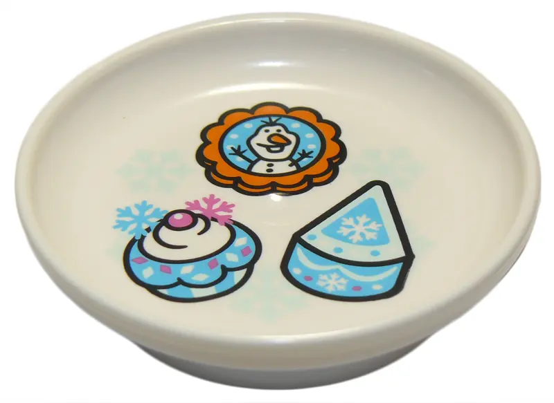 White Duplo Utensil Dish 3 x 3 with Cupcake, Piece of Cake, Olaf Cookie, and Snowflakes Pattern