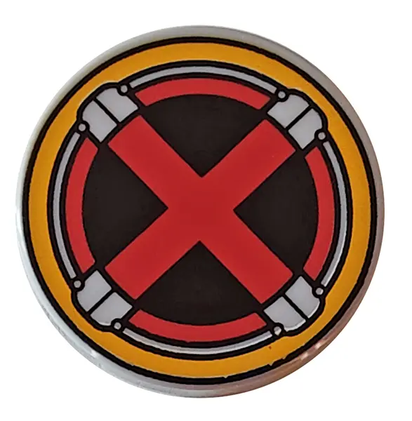Light Bluish Gray Tile, Round 2 x 2 with Bottom Stud Holder with Red X-Men Logo in Bright Light Yell