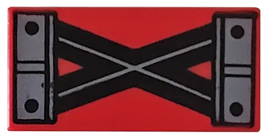 Red Tile 1 x 2 with Black and Dark Bluish Gray Crossed Lines and 4 Rivets Pattern