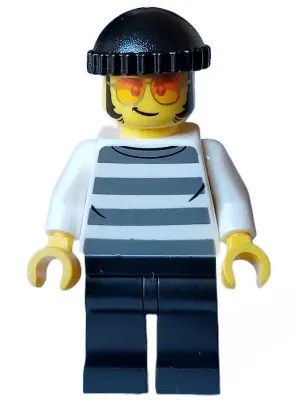 Police - City Bandit Crook Male, White Shirt with Dark Bluish Gray Prison Stripes, Black Legs, Black