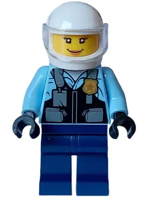 Police - City Motorcyclist Female, Safety Vest with Police Badge, Dark Blue Legs, White Helmet, Tran