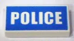 White Tile 1 x 2 with White 'POLICE' on Blue Background Pattern (Printed)