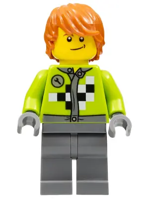 Lime Jacket with Wrench and Black and White Checkered Pattern, Dark Bluish Gray Legs, Dark Orange Ha