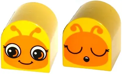 Yellow Duplo, Brick 2 x 2 x 2 Slope Curved Double with Orange Insect Face Eyes Open Awake / Eyes Clo