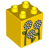 Yellow Duplo, Brick 2 x 2 x 2 with 3 Flowers White Daisies Pattern