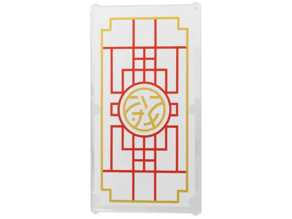 Trans-Clear Glass for Window 1 x 4 x 6 with Red Lines, Gold Border and Ninjago Core Logo on White Ba