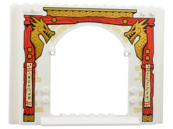 White Panel 4 x 16 x 10 with Red Wooden Posts, Gold Dragon Heads and Roof, Tan Bricks and Banners wi