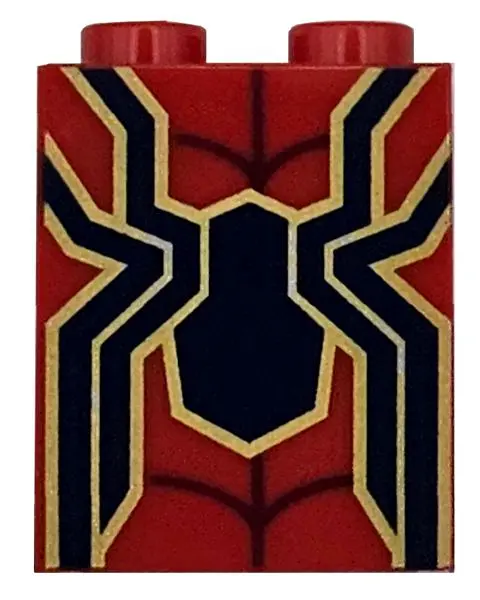 Red Brick 1 x 2 x 2 with Inside Stud Holder with Dark Blue and Gold Spider and Dark Red Web Pattern 
