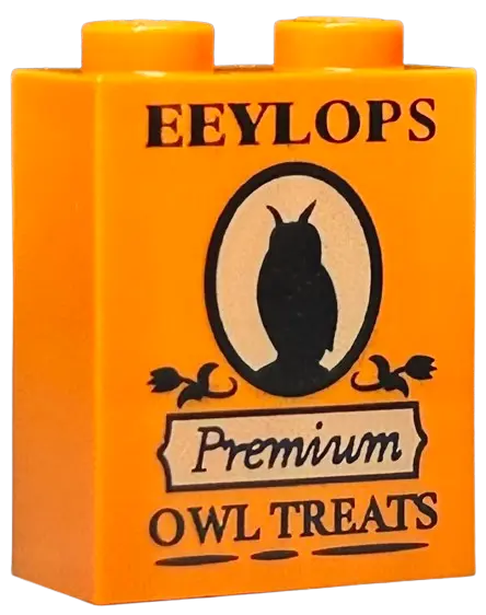 Orange Brick 1 x 2 x 2 with Inside Stud Holder with Black 'EEYLOPS', 'Premium', 'OWL TREATS' and Owl