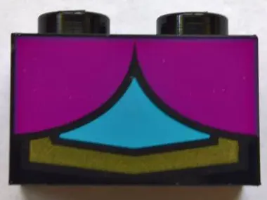 Black Brick 1 x 2 with 2 Magenta Quarter Ovals, Medium Azure Center and Gold Line Pattern (BrickHead