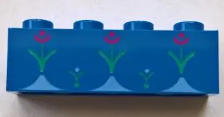 Blue Brick 1 x 4 with 3 Large Magenta Flowers and 2 Small White Flowers with Bright Green Stems Patt