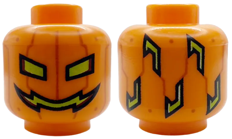 Minifigure, Head Pumpkin Jack O' Lantern with Lime Eyes, Mouth and Shapes on Back, Dark Orange Verti