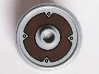 Flat Silver Minifigure, Shield Circular / Round Rimmed Face with Stud with Dark Brown Ring and 4 Riv