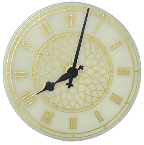 Glow In Dark White Tile, Round 3 x 3 with Clock Face with Gold Roman Numerals, Ornate Center and Bor