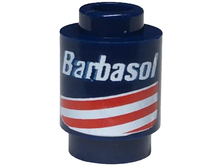 Dark Blue Brick, Round 1 x 1 with Red and White Stripes and 'Barbasol' Pattern