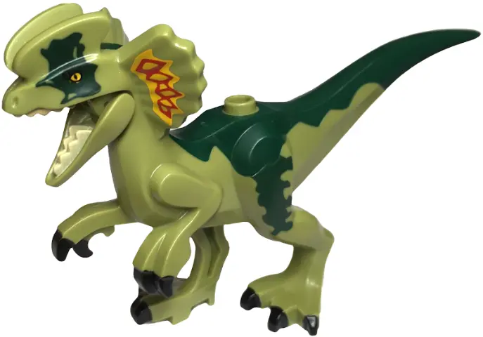 Olive Green Dinosaur Dilophosaurus Second Version with Flexible Rubber Tail, Bright Light Orange, Re