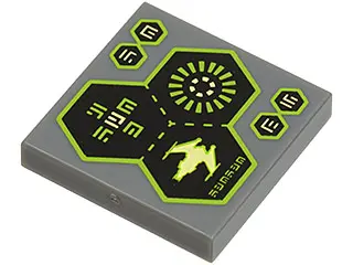 Dark Bluish Gray Tile 2 x 2 with 3 Hexagons, Spaceship and Alien Characters Pattern