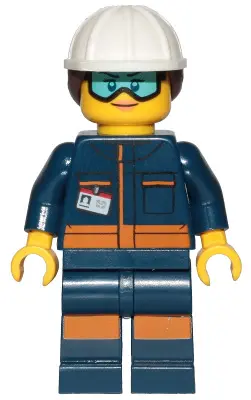 Ground Crew Technician - Female, Dark Blue Jumpsuit, White Construction Helmet with Dark Brown Ponyt