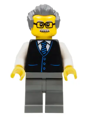 Launch Director - Male, Black Vest with Blue Striped Tie, Dark Bluish Gray Legs, Dark Bluish Gray Ha