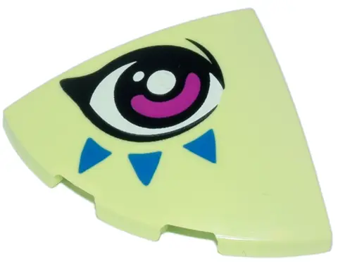Yellowish Green Slope, Curved 3 x 3 Corner Round with Magenta, Black and White Eye and Blue Triangle