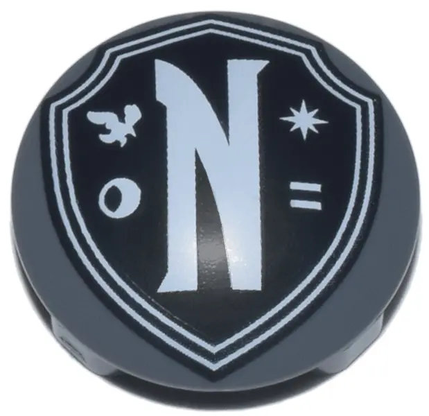 Dark Bluish Gray Plate, Round 2 x 2 with Rounded Bottom (Boat Stud) with Black Nevermore Academy Shi