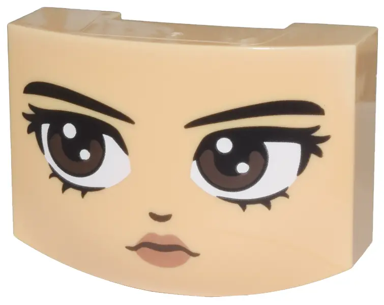 Medium Tan Wedge 3 x 4 x 1 1/3 Triple Curved No Studs with Black Eyebrows, Dark Brown Eyes Looking R
