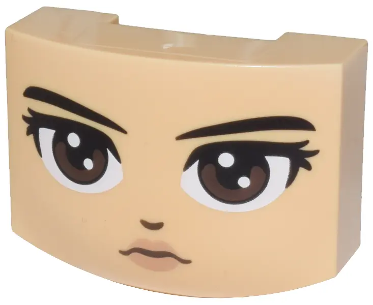 Medium Tan Wedge 3 x 4 x 1 1/3 Triple Curved No Studs with Black Eyebrows, Dark Brown Eyes Looking S
