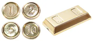 Chrome Gold Minifigure, Utensil Coins and Ingot / Bar, 5 in Bag (Multipack)