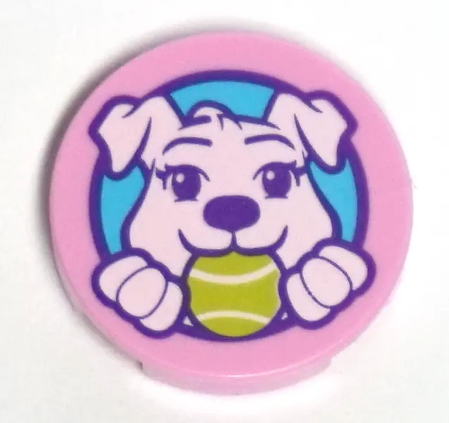 Bright Pink Tile, Round 2 x 2 with Bottom Stud Holder with Puppy Dog Holding Ball in Mouth Pattern