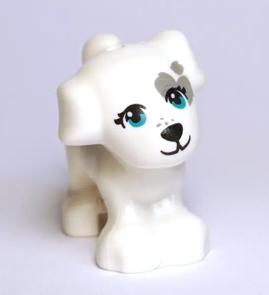 White Dog, Friends Style, Puppy, Standing with Dark Turquoise Eyes, Black Nose and Mouth, Dark Bluis